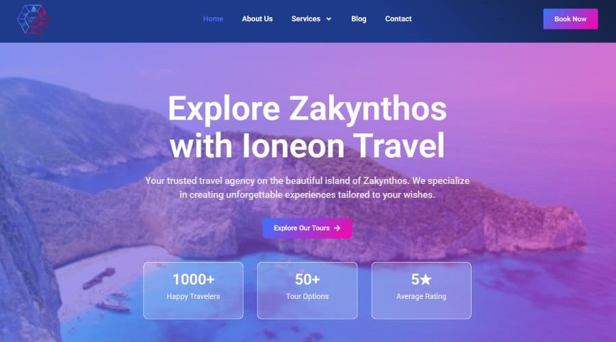 Ιστοσελίδα IONEONTRAVEL.COM που παρουσιάζει εξατομικευμένα ταξίδια και δραστηριότητες στη Ζάκυνθο, με σύγχρονο design και εύκολη πλοήγηση